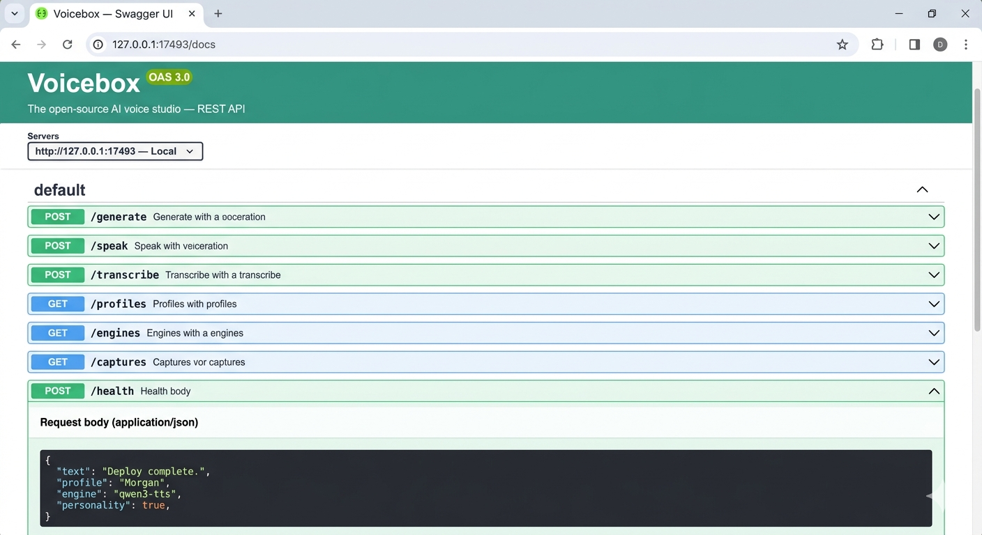 browser screenshot of a FastAPI Swagger UI page FastAPI Swagger docs at 127.0.0.1:17493/docs showing Voicebox endpoints