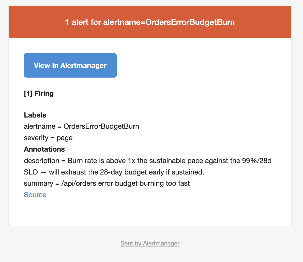 Gmail inbox showing the OrdersErrorBudgetBurn firing alert email from Alertmanager