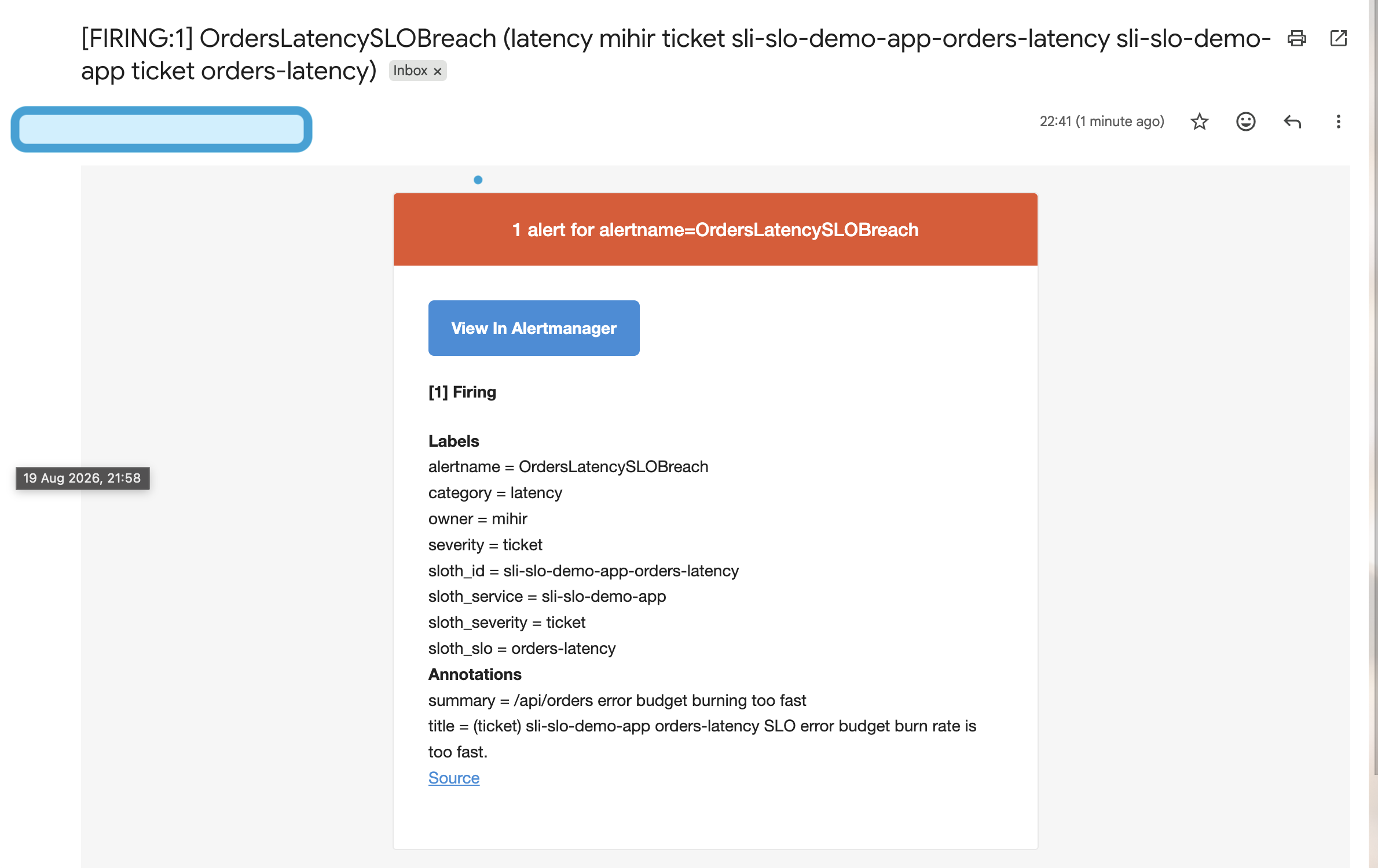 Gmail inbox showing the OrdersLatencySLOBreach firing alert email from Alertmanager