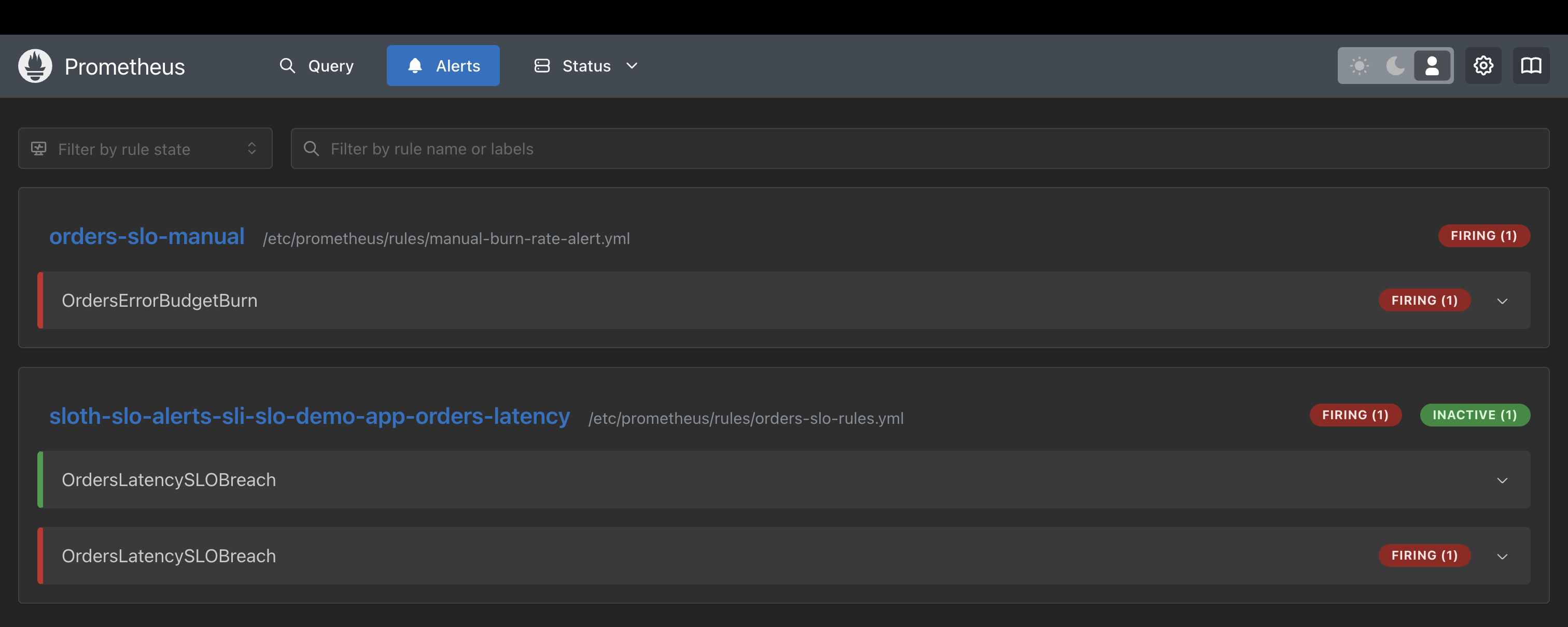 Prometheus Alerts page showing OrdersErrorBudgetBurn and OrdersLatencySLOBreach firing