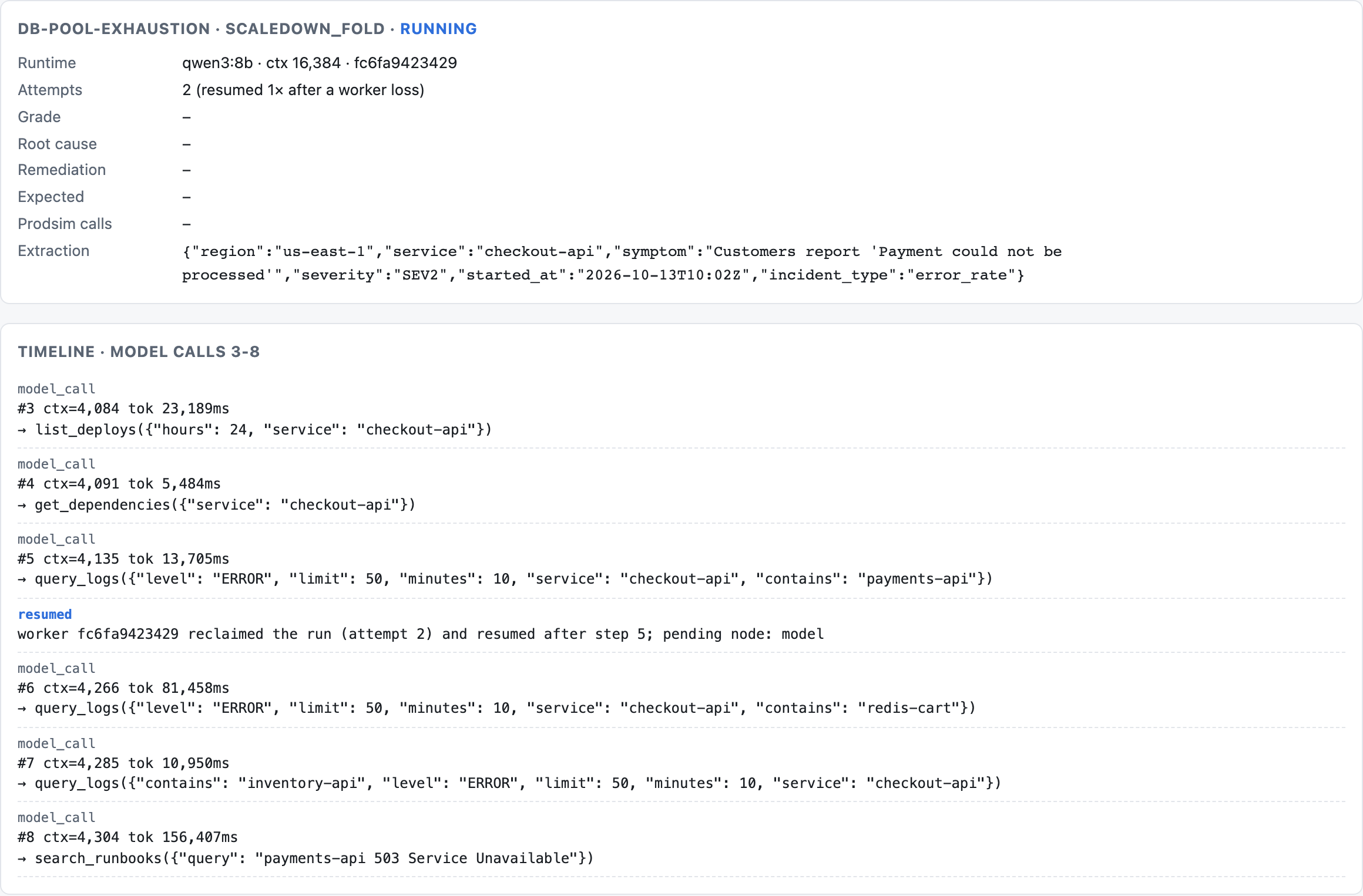 A run on the dashboard after make chaos killed its worker: the timeline shows the resumed event on the second worker, the step it resumed from, and attempts = 2